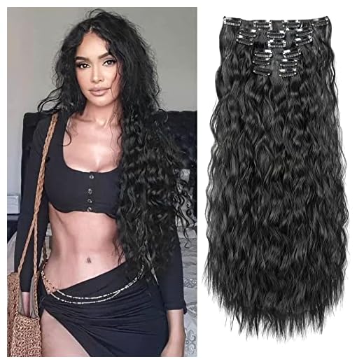 FLUFYMOOZ Clip In Hair Extensions,6PCS Hair Extensions Long Mermaid Waves Wavy Synthetic Clip On Hairpiece For Women 24 Inch (Natural Black)