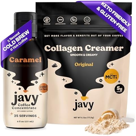 Javy Caramel Coffee Concentrate & Collagen Coffee Creamer Powder - Perfect for Instant Iced Coffee, Cold Brewed Coffee and Hot Coffee - Hair, Skin & Nail support with Collagen Cover