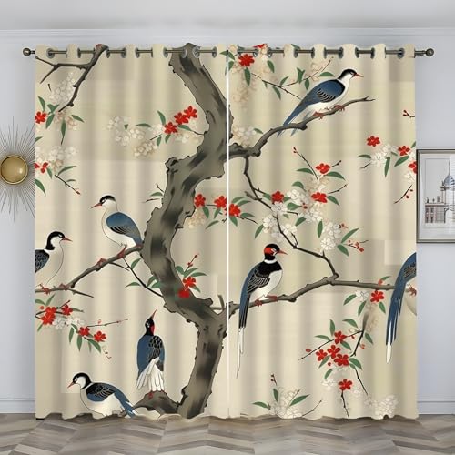 Cortinas Dormitorio Beige, Cortinas Opacas Cortinas Termicas AntiRuido Cortinas con Ollaos, Infantiles Habitaciones Juveniles Salon Cortinas 2 Piezas 140x175 cm (An X Al),para Árboles y pájaros5y20