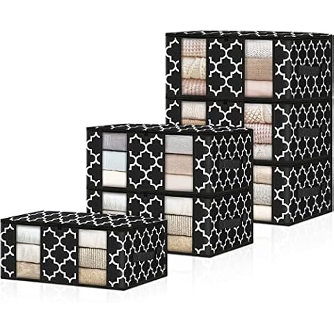 HomeHacks Clothing Storage Bags, Storage Box Clothes Organizer with Double Clear Windows, Reinforced Zippers, Sturdy Handles Clothing Storage for Cloth, Toy, Bedding Storage, 35L, 6-Pack, Clover Black Cover