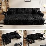 Sleeper Sectional Sofa, 110' Modern U Shaped Couch with Pull Out Bed, Convertible Corduroy Cloud Sofa with Double Storage Chaise, USB, Small Desktop, Comfy Modular Couch for Living Room, Black