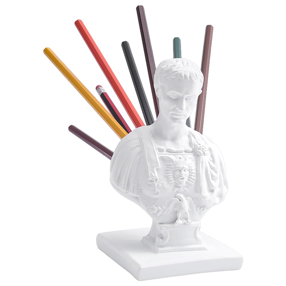 WADORN Julius Caesar Pencil Holder Funny Resin Bust Statue Pen and Pencil Holder Novelty Roman Decor Desk Organizer for Home Desk Office Gift History Teacher Ides of March History Buffs