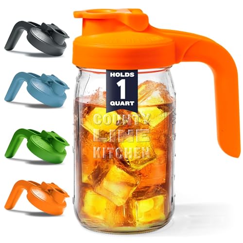 Image of County Line Kitchen Glass Mason Jar Pitcher with Lid - Wide Mouth, 1 Quart (32 oz) - Heavy Duty, Leak Proof - Sun & Iced Tea Pitcher, Cold Brew Coffee, Breast Milk Storage, Water - Sunrise Orange