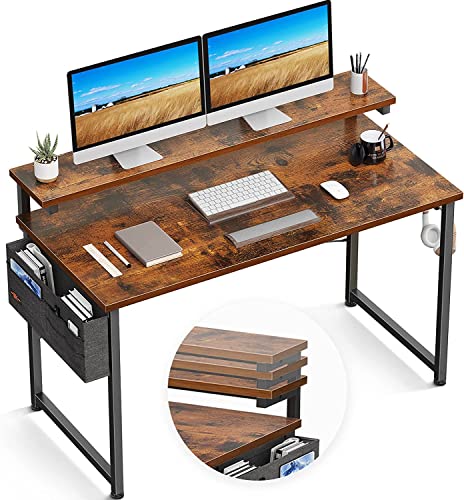 ODK Computer Desk with Adjustable Monitor Shelves, 120x50x84cm Home Office Desk with Monitor Stand, Writing Desk, Study Workstation with 3 Heights (10cm, 13cm, 16cm), Brown