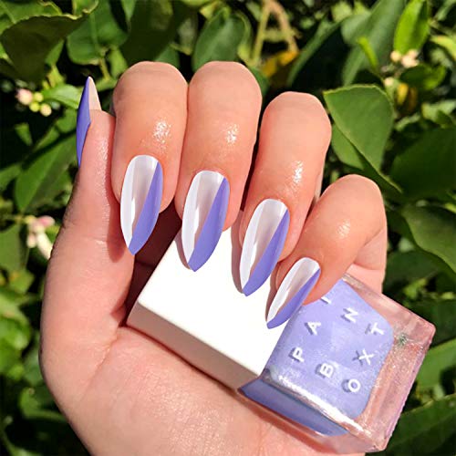 Glossy Stiletto Almond Medium Press on Nails with Designs,Acrylic Nails Press on,Stick on Nails for Women,Artificial Glue on Nails,Fake Nails with Purple White Splicing for Nail Art Decoration,24PCS