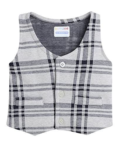 Image of BUMZEE Beige & Navy Boys Full Sleeves Shirt Waistcoat & Pant Set with Applique Bow (Peb8050)