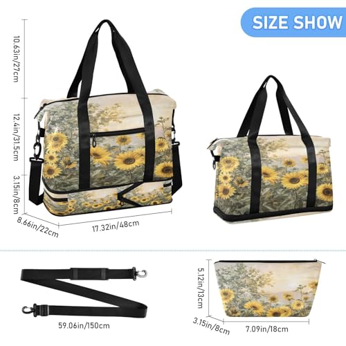 Sunflower Beige Duffel Bag for Women Men Gym Bag with Shoe Compartment Wet Pocket Carry On Weekender Overnight Bags for Travel Weekend Getaway3