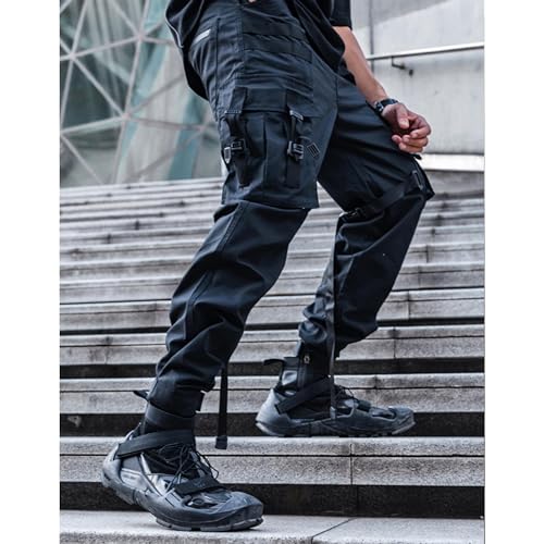 XYXIONGMAO Black Cargo Pants Men Tech Pants with an Adjustable Belt Multi Pocket Cargo Pants for Men Streetwear Pants(Black,M)3