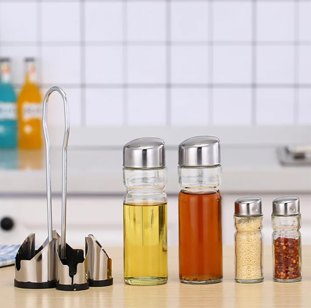 set oliera e acetiera, in vetro e acciaio inox, 4 pezzi