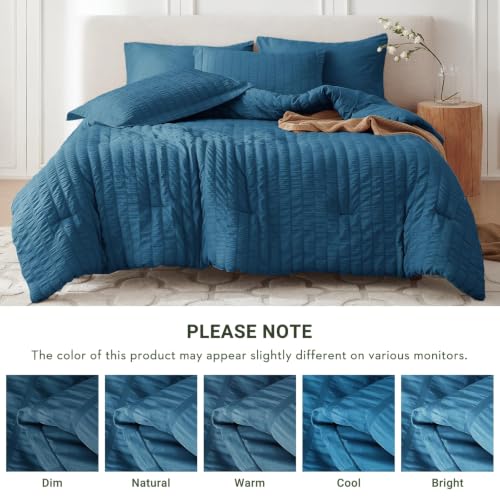 Image of MUXHOMO 7 Pieces Oversized King Comforter Set, Seersucker Bed in a Bag Oversized King Size, All Season Luxury Bedding Set with Comforter, Flat Sheet, Fitted Sheet, Pillowcases & Shams, Teal