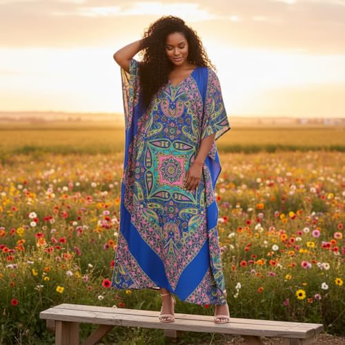 Image of Oussum Women Kaftan Plus Size Polyester Summer Lightweight Caftan Swimsuit Cover Ups Maxi African Mumu Lounge House Dress