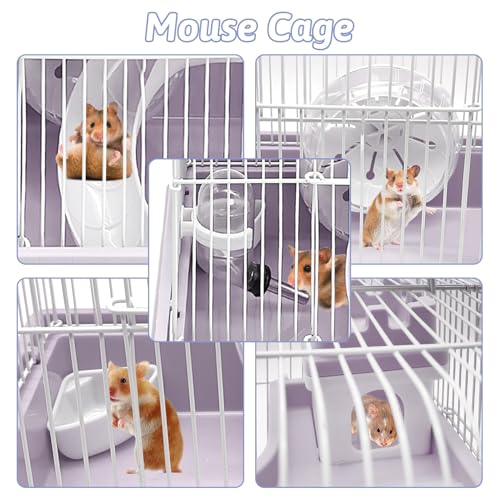 PINVNBY 2-Tier Dwarf Hamster Cage, Hamsters Travel Cage Portable Mouse Cages with Running Exercise Wheels, Water Bottle and Food Dish for Hamster Mouse Rat 11.7 * 8.7 * 9.38 in (Gray) - Image 6