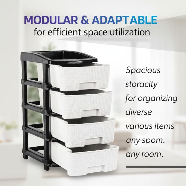 Image of KITCHIVO Plastic Modular Drawer Storage Chest Of Drawers Organizer Storage Box, Large Stomo Racks For Multipurpose Anti-slip Shoes Organizers (White & Black, 4 Layer)