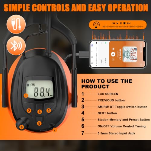 Image of Gardtech Bluetooth 5.3 AM /FM Radio Hearing Protection,29dB SNR Safety Earmuffs with Digital Display, Rechargeable Noise Cancelling Headphones for Mowing, Workshops and Snowblowing Orange