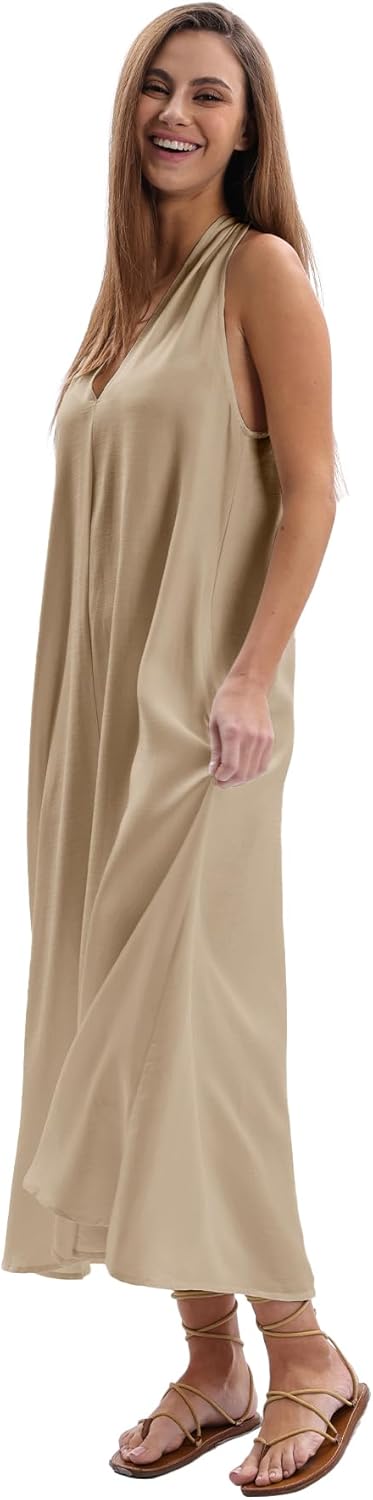 Amazhiyu Women's Linen Halter Sleeveless Casual Summer Maxi Dresses with Pockets Khaki, Small - Image 2
