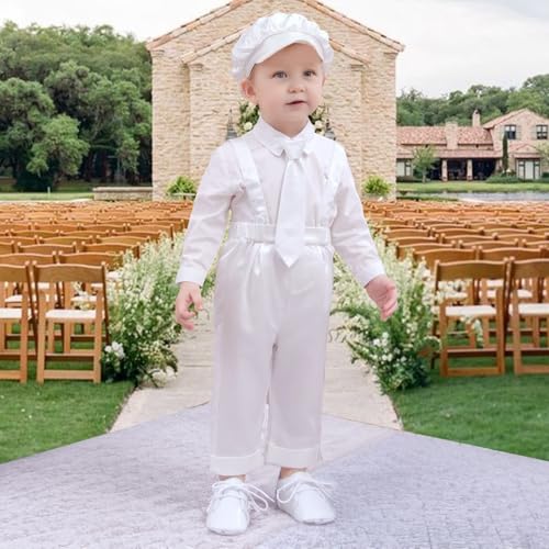 Image of Booulfi Baptism Christening Outfits for Baby Boy Outfits,NB- 5t Boy Clothes | 4 Piece Button Down White Shirt Bow Tie Photography Suspenders Baptism Outfits for Boys,Newborn 5t Boys Clothes Summer
