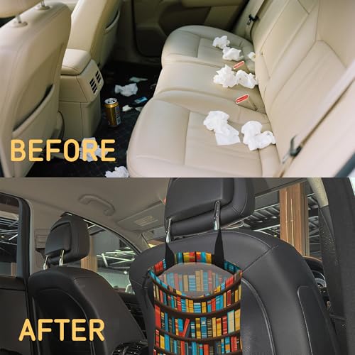 Image of Cartoon Bookshelf Car Trash Bag, Strap Drawstring Car Garbage Bags,Car Back Seat Organizer with Adjustable Buckle for Car Accessories
