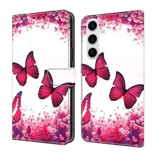 Étui portefeuille Samsung S21 en cuir magnétique avec motif papillon rouge antichoc