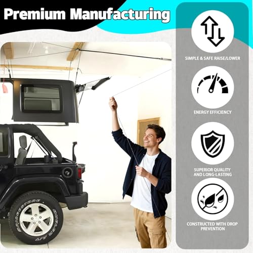 Hard Top Removal Lift for Jeep Wrangler JL JK Models and Ford Hardtop, Easy One-Person Auto Lock Anti-Drop Hoist with Multi-Use Overhead Storage, Supports 8 to16 ft, Ceilings Bonus 6 T Knobs Included - Thumbnail 2