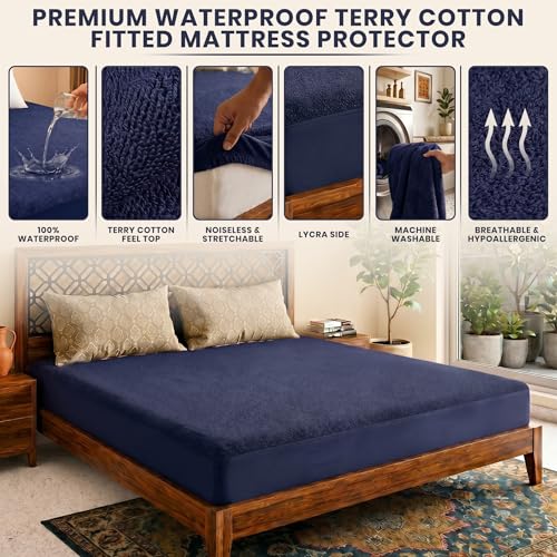 Image of Lithara Terry Cotton Fitted Mattress Protector for Single Bed | Waterproof & Elastic Band | Ultra Soft & Hypoallergenic Mattress Cover | Size : 30 x 80 Inches (2.5 x 6.67 Feet) | (Navy Blue)