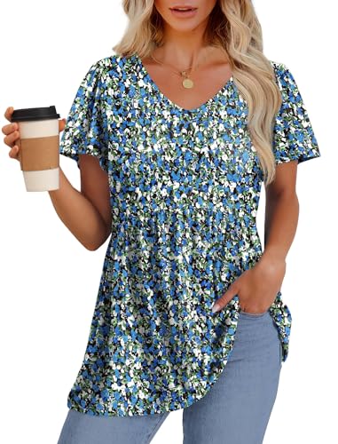 Image of OFEEFAN Womens Summer Tops Babydoll Short Sleeve Shirts Puff Sleeve Peplum Tops V Neck T Shirts