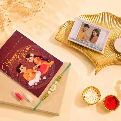 Image of Art Street Rakhi Gift Hamper with Personalized Glitter Photo Frame, with Lotus Designer Floral Rakhi, Greeting Card, Roli Chawal & Decorative Tea Light Holder | Raksha Bandhan Gift for Brother