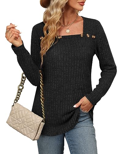 Aokosor Womens Tops Long Sleeve Ladies Square Neck Jumpers Button Sweatshirts Curved Hem Black Size 18-20