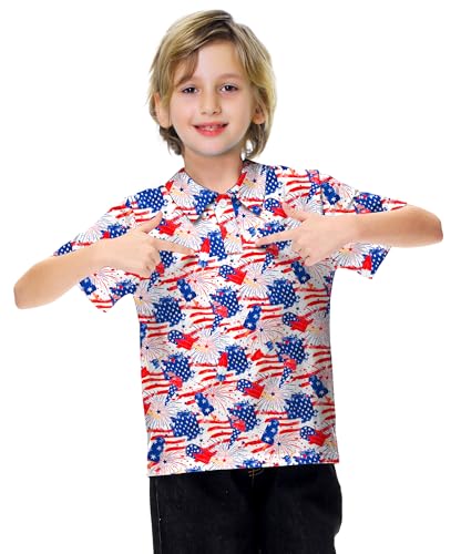 Image of AOBUTE Kids 4th of July Polo American Flag Short Sleeve Button Down Shirts Tops 3-14 Years