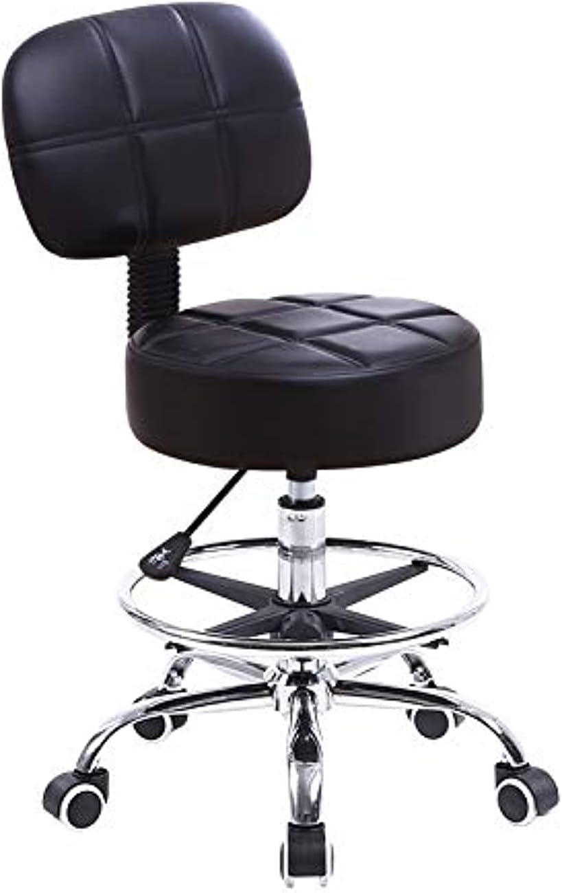 KKTONER Swivel Round Rolling Stool PU Leather with Adjustable Foot Rest, Height Adjustable Task Work Drafting Chair with Back (Black)