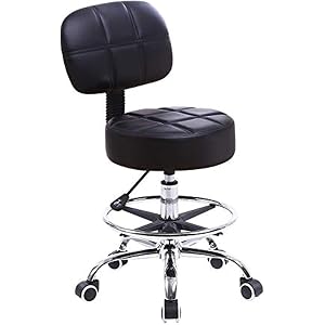 KKTONER Swivel Round Rolling Stool PU Leather with Adjustable Foot Rest Height Adjustable Task Work Drafting Chair with Back (Black)