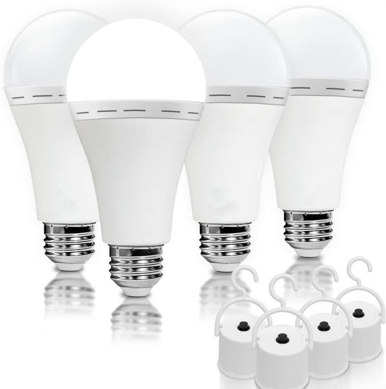 4 Pack Rechargeable Emergency Light Bulbs A19, Camping Lamp Battery Powered LED Light Bulb 6000K Daylight E26 E27 120 Volt 12W 60W Equivalent with 1200mAh for Home Power Outage Camping Hurricane