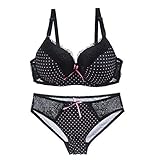 Women Bra and Panty Set Satin Bowknot Lace Polka Dot Underwire Bras Lingerie Set Black