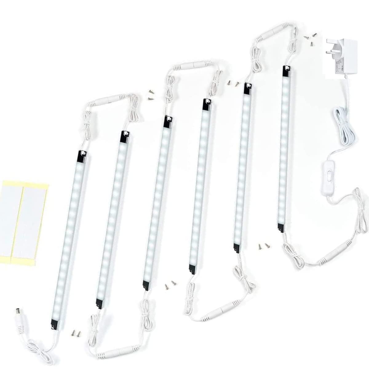 6-Pack Linkable LED Under Cabinet Lighting Bars - Ultra-Slim 6000K Cool White, Tool-Free Installation for Kitchens, Cupboards & Display Shelves