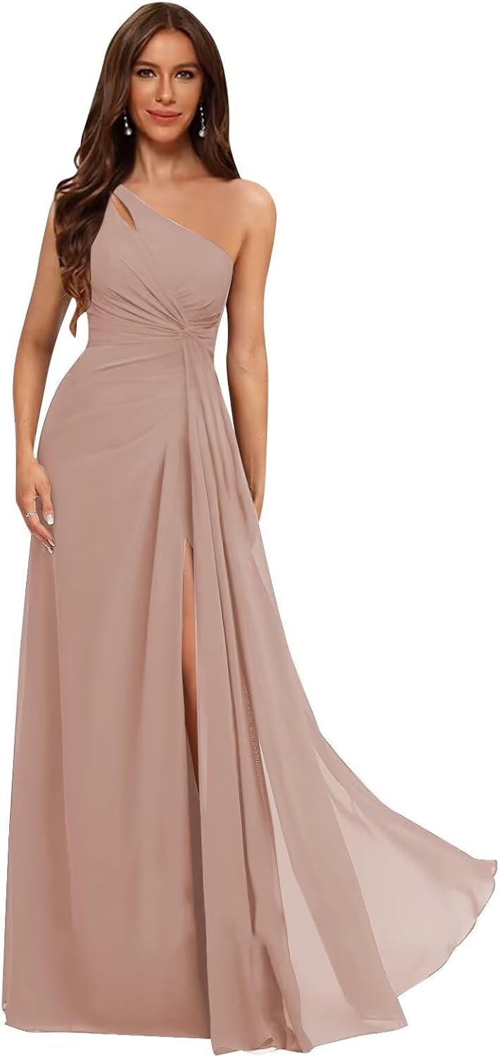 homdor One Shoulder Pleated Bridesmaid Dresses Long with Slit Chiffon A Line Formal Evening Dress for Women