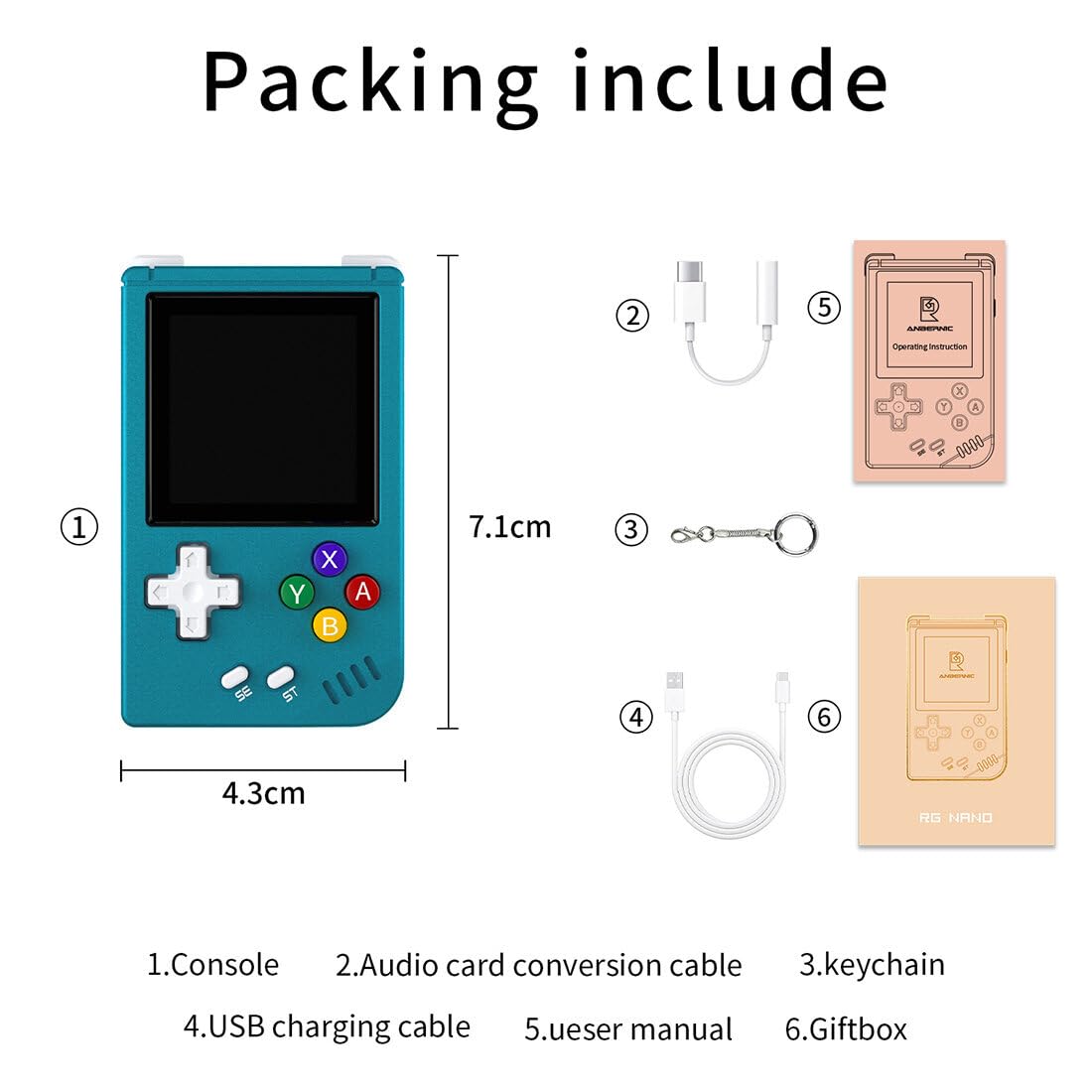 KANBUN RG Nano mini przenośna konsola do gier z 5000 grami, przenośna konsola do gier 64 GB z brelokiem, 1,5" IPS Full Fit Screen ręczna maszyna do gier MP3 w stylu retro do wielu emulatorów