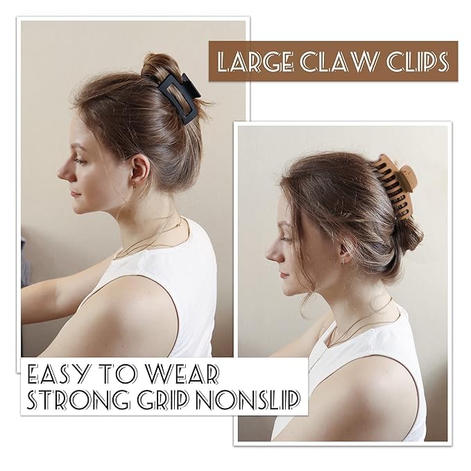 Image of PACTIV 6pcs Neutral Colors Hair Clips For Women's Thick Hair Nonslip Jumbo Claws Clip Long Jaw Clips Banana Square Hair Claws Strong Hold Hair Styling Accessories, Multi Color