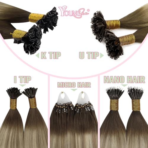 Image of YoungSee K Tip Hair Extensions Balayage Keratin Tip Hair Extensions Balayage 24 Inch Long Dark Brown Ombre Brown with Blonde 50s /50g