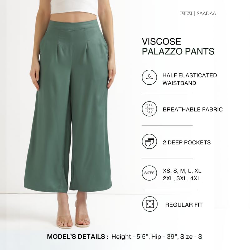 Image of SAADAA Palazzo Pants for Women Half-Elasticated Waistband | Palazzo for Women in Soft Viscose Fabric | Regular Fit with Mid Rise Waist & Deep Pockets | Versatile for Formal & Casual Wear