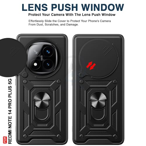 Image of AESTMO Tough Armor Redmi Note 14 Pro Plus 5G Bumper Back Case Cover | Ring Holder & Sliding Camera Shield Cover | 360 Degree Protection Back Case Cover for Redmi Note 14 Pro Plus 5G (Black)