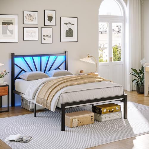 Homkdom Twin Metal Bed Frame with LED Lights & Victorian Headboard