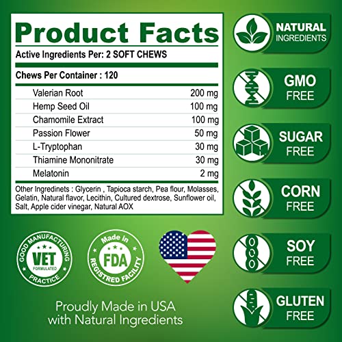 Hemp Calming Chews for Dogs with Anxiety and Stress - Dog Calming Treats - Anxiety Relief - Separation - Travel - Barking - Melatonin - Hemp Oil - 120 Soft Treats - Made in USA - Thumbnail 6