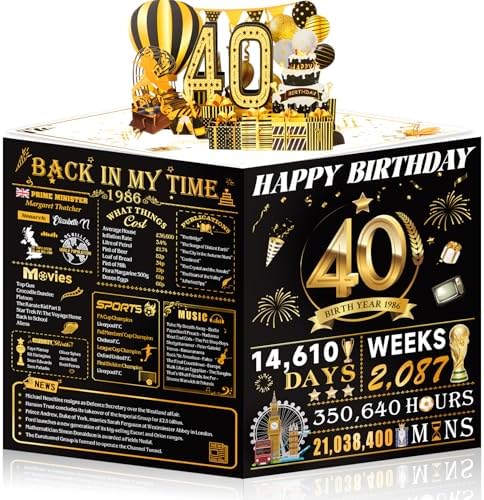 40th Birthday Cards for Women Men, 3D Pop Up 40th Birthday Gift Ideas for Mom Dad, Funny 40 Year Old Birthday Decorations for Husband Wife Parents Him Her, Jumbo Back In 1986 - View 3