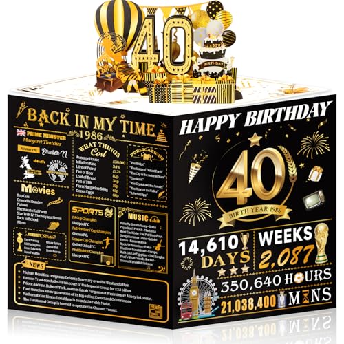 40th Birthday Cards for Women Men, 3D Pop Up 40th Birthday Gift Ideas for Mom Dad, Funny 40 Year Old Birthday Decorations for Husband Wife Parents Him Her, Jumbo Back In 1986