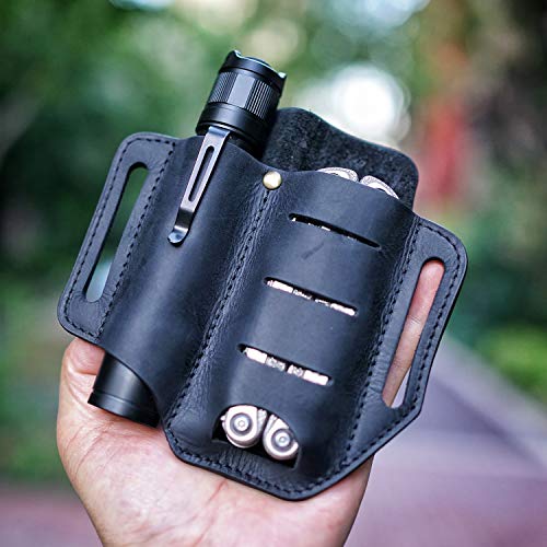 VIPERADE PJ8 EDC Leather Sheath for Blet, Knife/Tool/Flashlight/Tactical pen and EDC Gears, Pocket EDC Organizer Leather Sheath, Hademade 2 Pockets Belt Leather Slip Sheath (Black) - Thumbnail 3