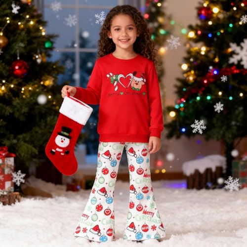 Image of Toddler Girl Clothes Long Sleeve Cartoon & Letter Graphic Top + Fruit Stationery Print Flared Leg Pants