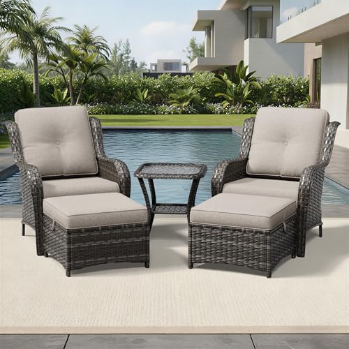 Image of Joyside 5 Piece Wicker Patio Furniture Set, Rattan Patio Chairs with High Back, Deep Seating, Wide Armrest, Thickened Cushions, Outdoor Furniture for Deck, Porch Use