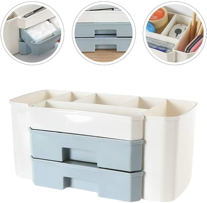 Image of Dual Drawer Cosmetic Organizer Box Vanity Brush Holder for Lipstick & Skincare - Multi-Compartment Plastic Makeup Storage Box Desk Organizer for Office, home& Beauty Salon (GRAY)