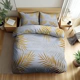WHUOEUCO Funda Nórdica Cama 105 Hojas de Palma Doradas, Juego De Funda Nórdica 180x220 cm, 3 Piezas Ropa de Cama con 2 Fundas de Almohada 50x75 cm, Microfibra Reversible Colcha