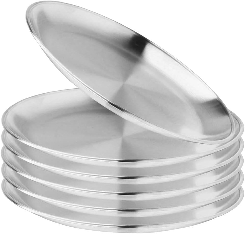 Sanfly Stainless Steel Dinner Plate 6pcs Round Plate Rust-Proof Shallow Tray Plate Metal Camping Plate BBQ Picnic Dishes Cookware