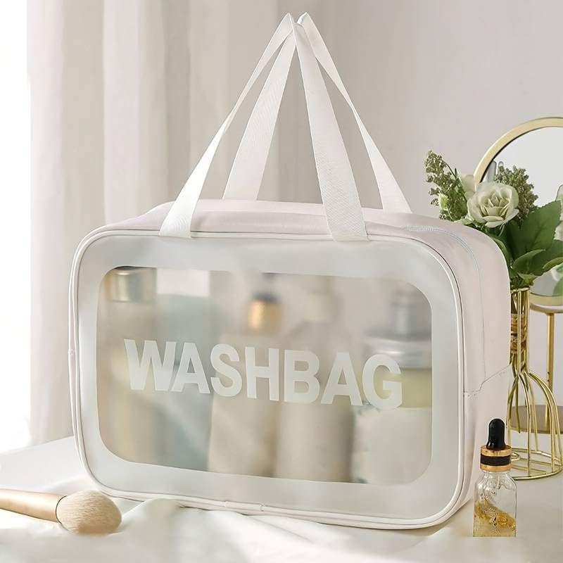 Image of Wazdorf Cosmetic Pouch Bag - Large Waterproof Wash Bag with Handle, Translucent Cosmetic Organizer for Makeup, Brushes & Accessories - Unisex Storage Pouch for Travel & Bathroom Use (White-3 Pcs)